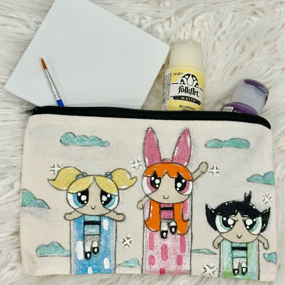 Powerpuff Girls Beauty/Stationary Bag Handmade Acrylic Paints 7 1/2”L x 5”H